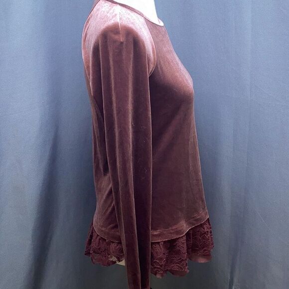 Sundance Catalog Velvet Velour w/lace trim maroon shirt/top XS - Picture 2 of 6